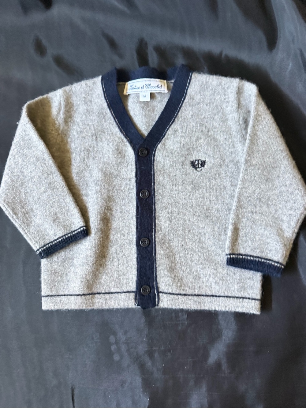 NWOT Tartine et Chocolat 100% Cashmere Baby Cardigan Gray Navy 12M / 1A